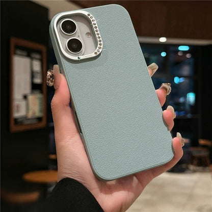 For iPhone 16 Case Rhinestone Decor Lens Frame Leather+PC Phone Cover