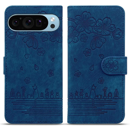For Google Pixel 9 / Pixel 9 Pro Case Flip Stand Leather Phone Cover Cherry Blossom Cat Imprinted