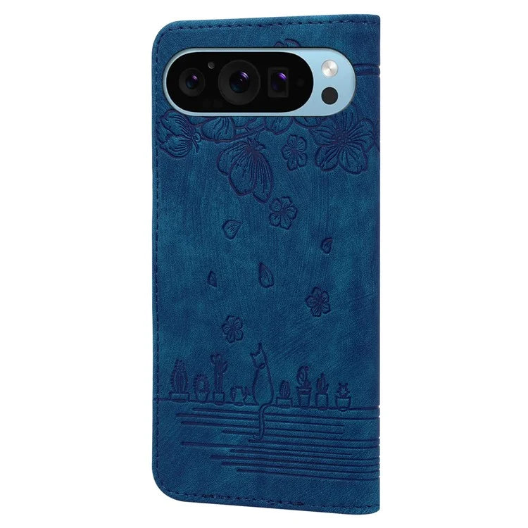 For Google Pixel 9 / Pixel 9 Pro Case Flip Stand Leather Phone Cover Cherry Blossom Cat Imprinted