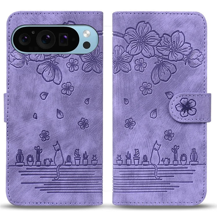 For Google Pixel 9 / Pixel 9 Pro Case Flip Stand Leather Phone Cover Cherry Blossom Cat Imprinted