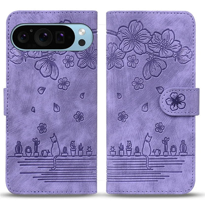 For Google Pixel 9 / Pixel 9 Pro Case Flip Stand Leather Phone Cover Cherry Blossom Cat Imprinted
