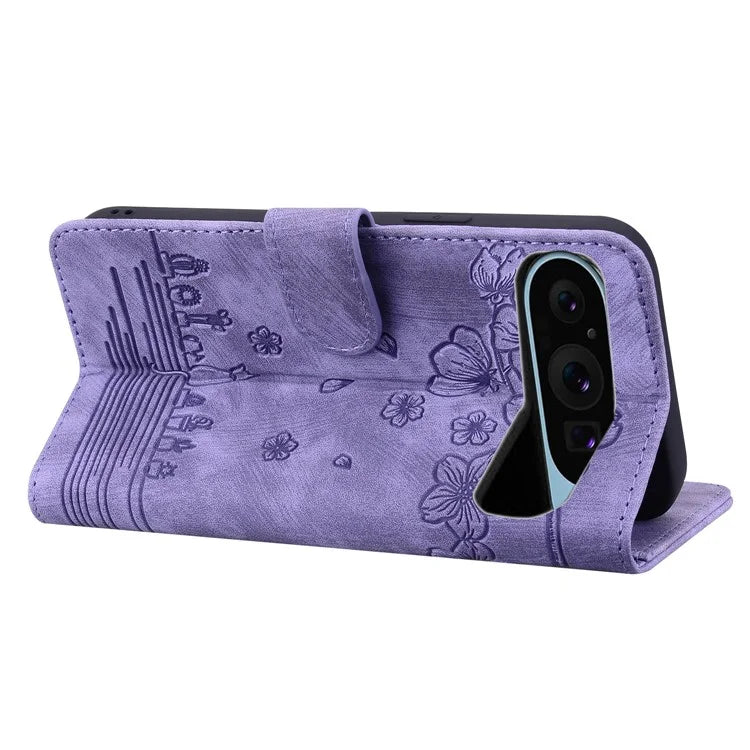 For Google Pixel 9 / Pixel 9 Pro Case Flip Stand Leather Phone Cover Cherry Blossom Cat Imprinted