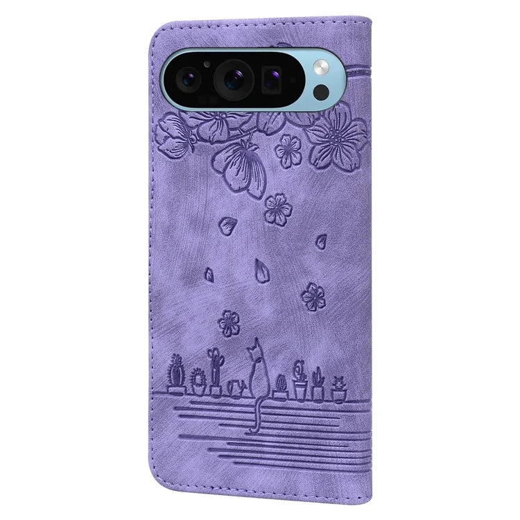 For Google Pixel 9 / Pixel 9 Pro Case Flip Stand Leather Phone Cover Cherry Blossom Cat Imprinted