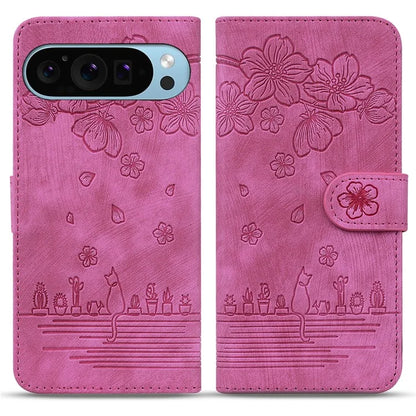 For Google Pixel 9 / Pixel 9 Pro Case Flip Stand Leather Phone Cover Cherry Blossom Cat Imprinted