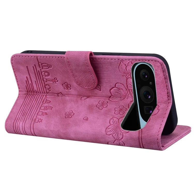 For Google Pixel 9 / Pixel 9 Pro Case Flip Stand Leather Phone Cover Cherry Blossom Cat Imprinted
