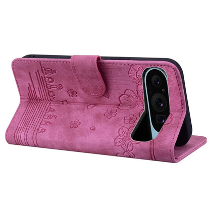 For Google Pixel 9 / Pixel 9 Pro Case Flip Stand Leather Phone Cover Cherry Blossom Cat Imprinted