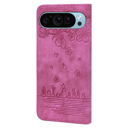 For Google Pixel 9 / Pixel 9 Pro Case Flip Stand Leather Phone Cover Cherry Blossom Cat Imprinted