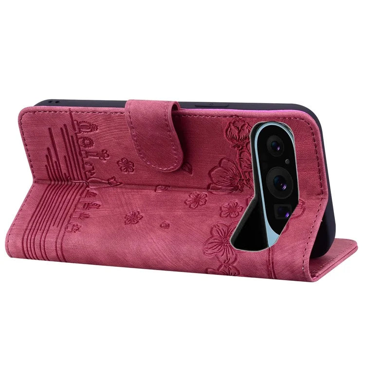 For Google Pixel 9 / Pixel 9 Pro Case Flip Stand Leather Phone Cover Cherry Blossom Cat Imprinted