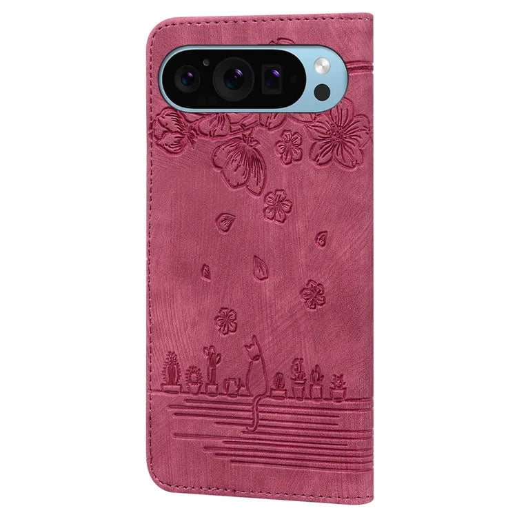 For Google Pixel 9 / Pixel 9 Pro Case Flip Stand Leather Phone Cover Cherry Blossom Cat Imprinted