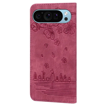 For Google Pixel 9 / Pixel 9 Pro Case Flip Stand Leather Phone Cover Cherry Blossom Cat Imprinted