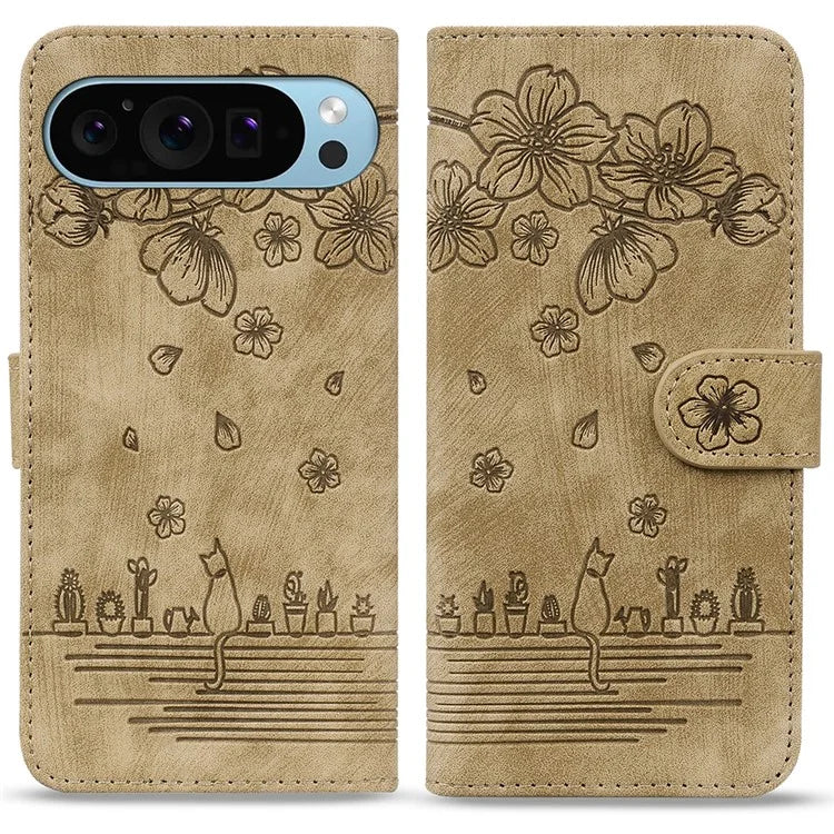 For Google Pixel 9 / Pixel 9 Pro Case Flip Stand Leather Phone Cover Cherry Blossom Cat Imprinted