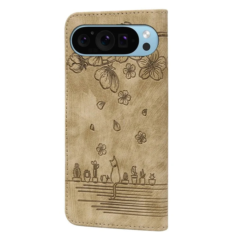 For Google Pixel 9 / Pixel 9 Pro Case Flip Stand Leather Phone Cover Cherry Blossom Cat Imprinted