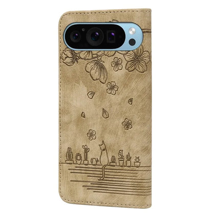 For Google Pixel 9 / Pixel 9 Pro Case Flip Stand Leather Phone Cover Cherry Blossom Cat Imprinted