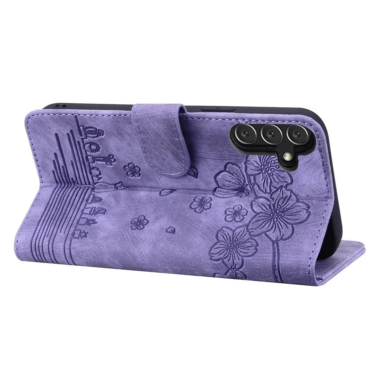 For Samsung Galaxy A16 5G Case Flip Stand Leather Phone Cover Cherry Blossom Cat Imprinted