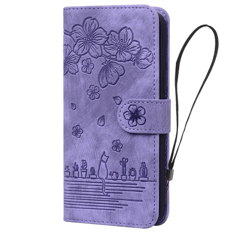 For Samsung Galaxy A16 5G Case Flip Stand Leather Phone Cover Cherry Blossom Cat Imprinted
