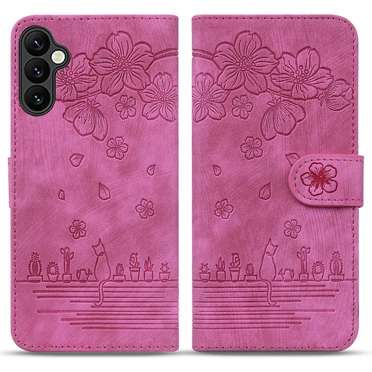 For Samsung Galaxy A16 5G Case Flip Stand Leather Phone Cover Cherry Blossom Cat Imprinted