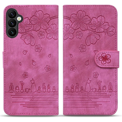 For Samsung Galaxy A16 5G Case Flip Stand Leather Phone Cover Cherry Blossom Cat Imprinted