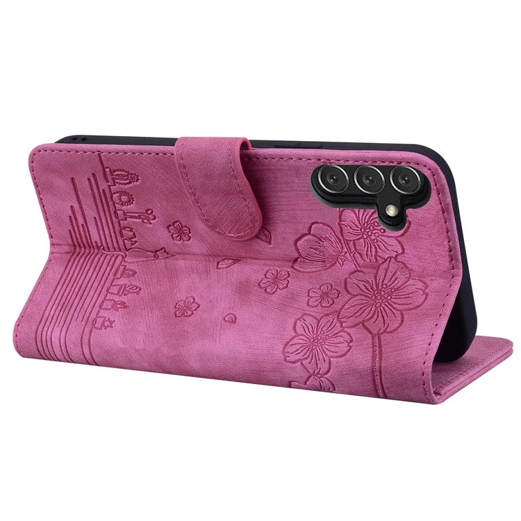 For Samsung Galaxy A16 5G Case Flip Stand Leather Phone Cover Cherry Blossom Cat Imprinted