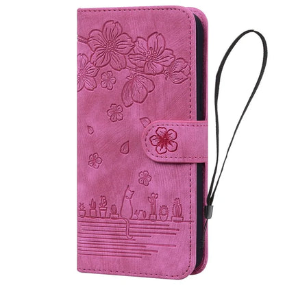 For Samsung Galaxy A16 5G Case Flip Stand Leather Phone Cover Cherry Blossom Cat Imprinted
