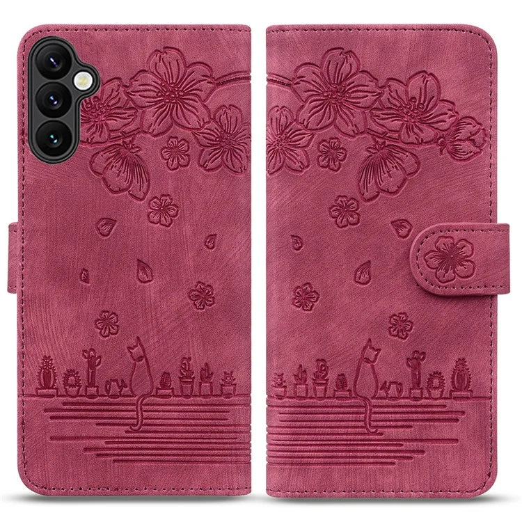 For Samsung Galaxy A16 5G Case Flip Stand Leather Phone Cover Cherry Blossom Cat Imprinted
