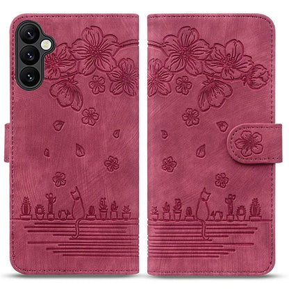 For Samsung Galaxy A16 5G Case Flip Stand Leather Phone Cover Cherry Blossom Cat Imprinted
