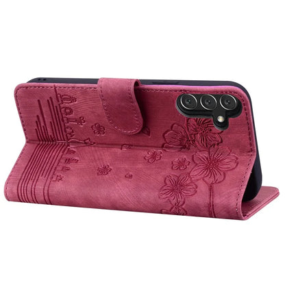 For Samsung Galaxy A16 5G Case Flip Stand Leather Phone Cover Cherry Blossom Cat Imprinted
