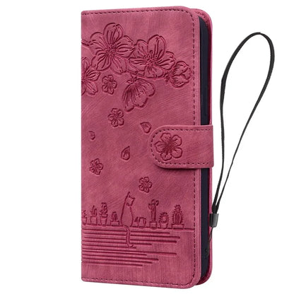 For Samsung Galaxy A16 5G Case Flip Stand Leather Phone Cover Cherry Blossom Cat Imprinted