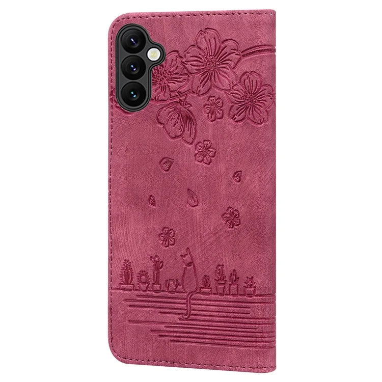 For Samsung Galaxy A16 5G Case Flip Stand Leather Phone Cover Cherry Blossom Cat Imprinted