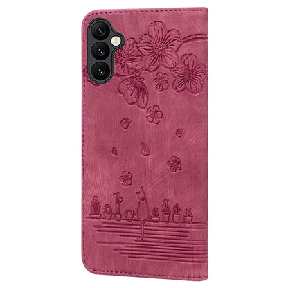 For Samsung Galaxy A16 5G Case Flip Stand Leather Phone Cover Cherry Blossom Cat Imprinted