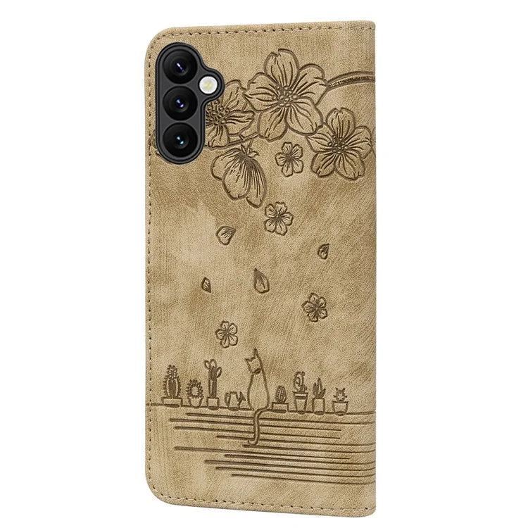 For Samsung Galaxy A16 5G Case Flip Stand Leather Phone Cover Cherry Blossom Cat Imprinted