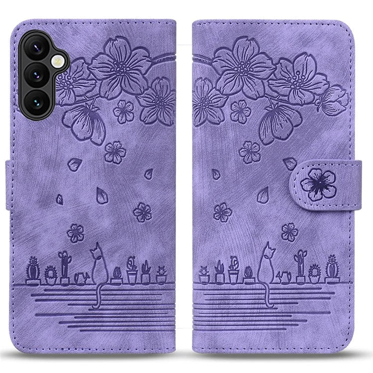 For Samsung Galaxy S24 FE Case Flip Stand Leather Phone Cover Cherry Blossom Cat Imprinted
