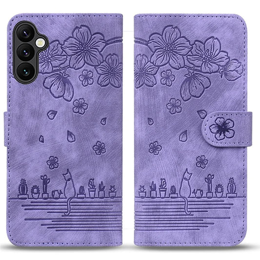 For Samsung Galaxy S24 FE Case Flip Stand Leather Phone Cover Cherry Blossom Cat Imprinted
