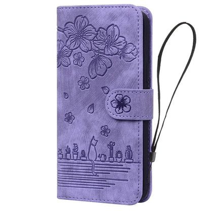 For Samsung Galaxy S24 FE Case Flip Stand Leather Phone Cover Cherry Blossom Cat Imprinted