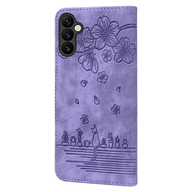 For Samsung Galaxy S24 FE Case Flip Stand Leather Phone Cover Cherry Blossom Cat Imprinted