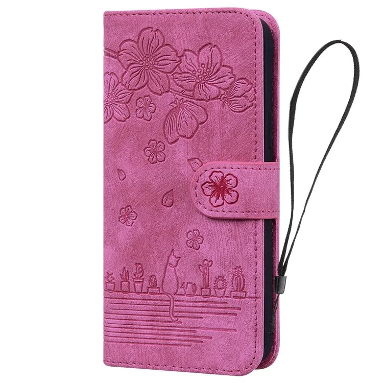 For Samsung Galaxy S24 FE Case Flip Stand Leather Phone Cover Cherry Blossom Cat Imprinted