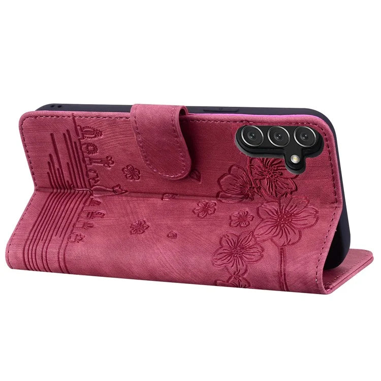 For Samsung Galaxy S24 FE Case Flip Stand Leather Phone Cover Cherry Blossom Cat Imprinted