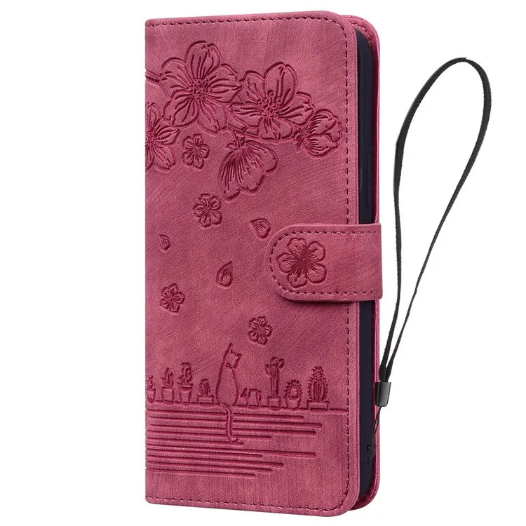 For Samsung Galaxy S24 FE Case Flip Stand Leather Phone Cover Cherry Blossom Cat Imprinted