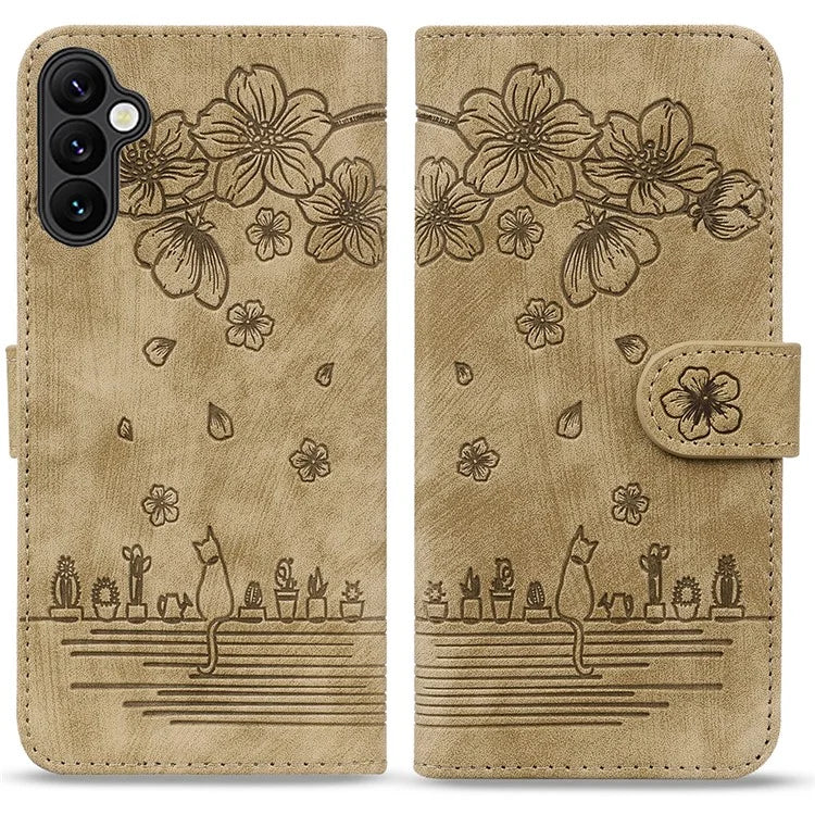 For Samsung Galaxy S24 FE Case Flip Stand Leather Phone Cover Cherry Blossom Cat Imprinted