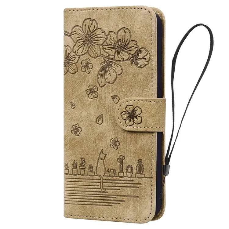 For Samsung Galaxy S24 FE Case Flip Stand Leather Phone Cover Cherry Blossom Cat Imprinted