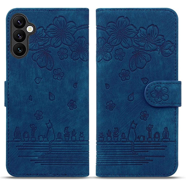 For Samsung Galaxy S24 FE Case Flip Stand Leather Phone Cover Cherry Blossom Cat Imprinted