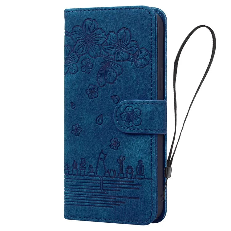 For Samsung Galaxy S24 FE Case Flip Stand Leather Phone Cover Cherry Blossom Cat Imprinted