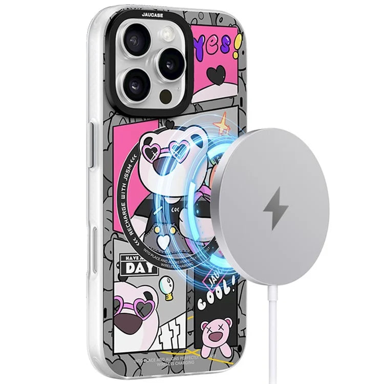 JAUCASE For iPhone 16 Pro Max Case Compatible with MagSafe Bear Pattern PC+TPU Matte Phone Cover