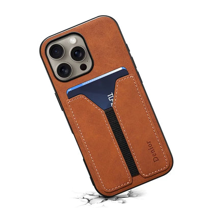 DENIOR For iPhone 16 Pro Max Case Elastic Card Holder PU Leather+TPU+PC Phone Cover