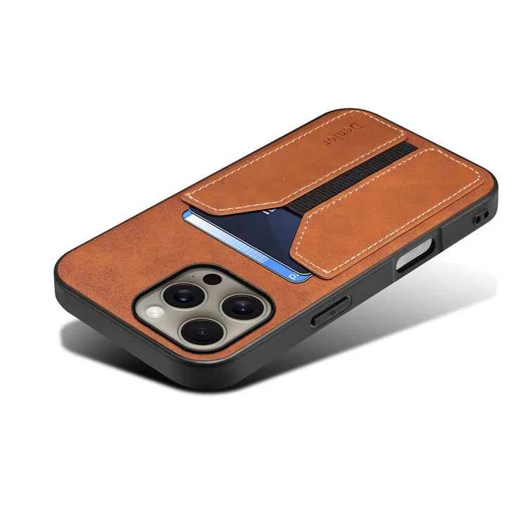 DENIOR For iPhone 16 Pro Max Case Elastic Card Holder PU Leather+TPU+PC Phone Cover