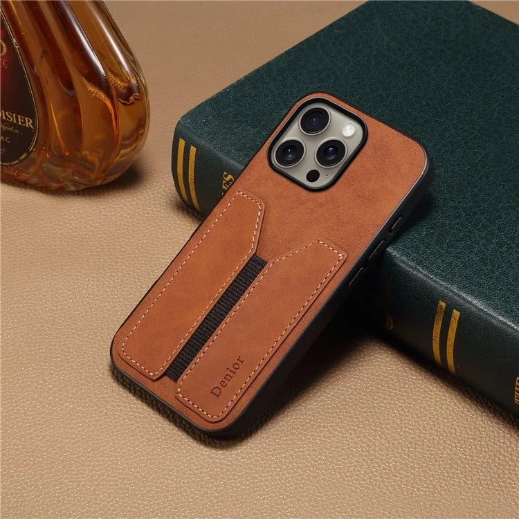 DENIOR For iPhone 16 Pro Case Elastic Card Holder PU Leather+TPU+PC Phone Cover