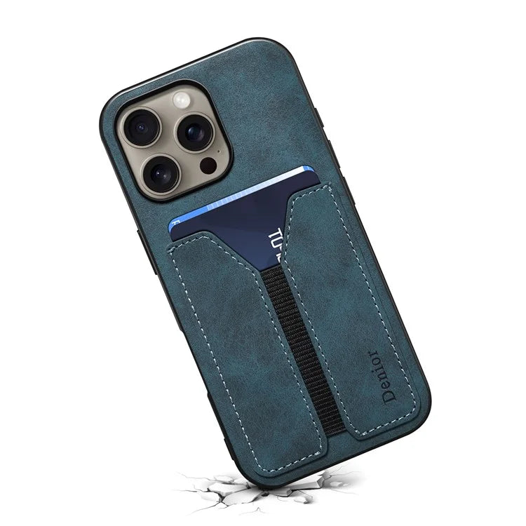 DENIOR For iPhone 16 Pro Case Elastic Card Holder PU Leather+TPU+PC Phone Cover
