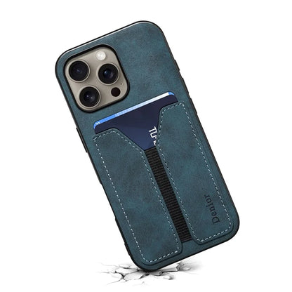 DENIOR For iPhone 16 Pro Case Elastic Card Holder PU Leather+TPU+PC Phone Cover