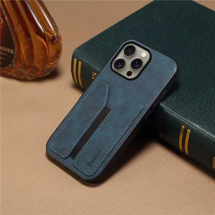 DENIOR For iPhone 16 Pro Case Elastic Card Holder PU Leather+TPU+PC Phone Cover