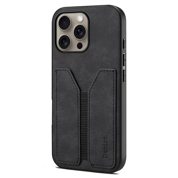 DENIOR For iPhone 16 Pro Case Elastic Card Holder PU Leather+TPU+PC Phone Cover