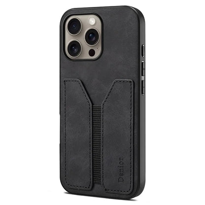DENIOR For iPhone 16 Pro Case Elastic Card Holder PU Leather+TPU+PC Phone Cover